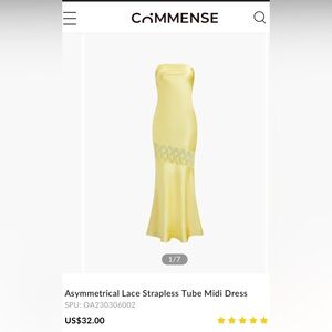Commense Women’s Yellow Assymetrical satin & lace strapless maxi dress. NWT XS